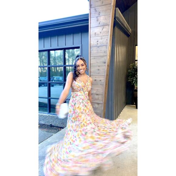 MAC DUGGAL Yellow Floral Chiffon Lace Up Tie Up Back Gown Dress - Picture 7 of 16